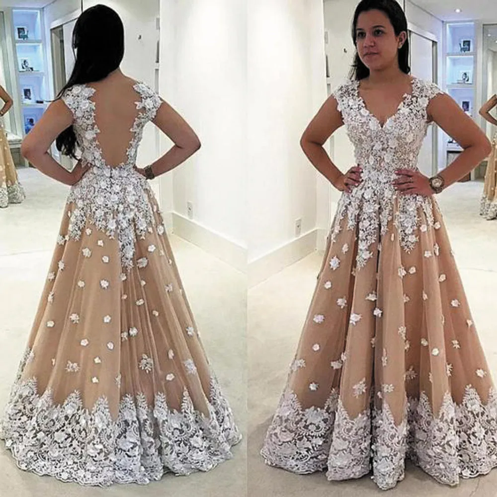 floral prom dresses long champagne cap sleeve elegant v neck cheap prom gowns vestido de Longo