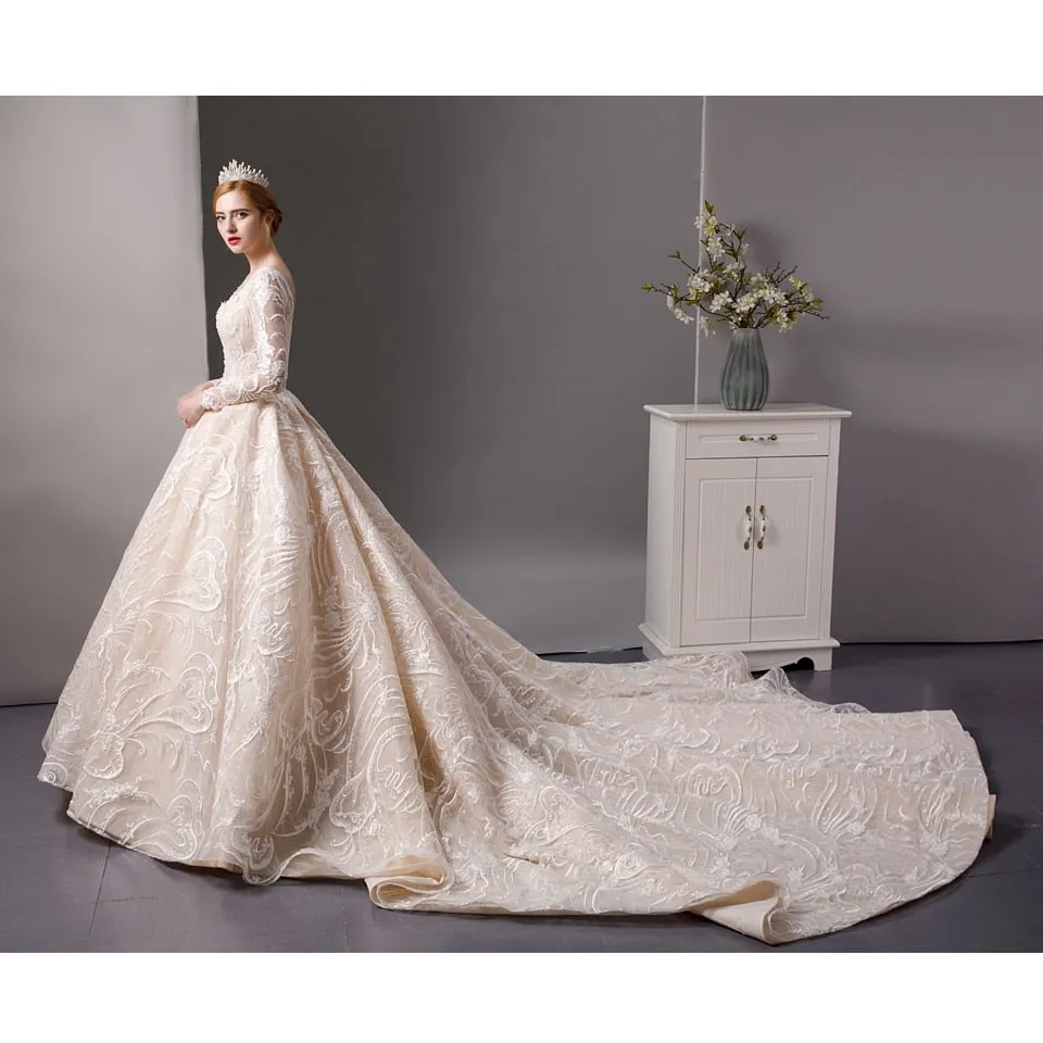 Full Lace beads luxury long sleeves ball gown wedding dress