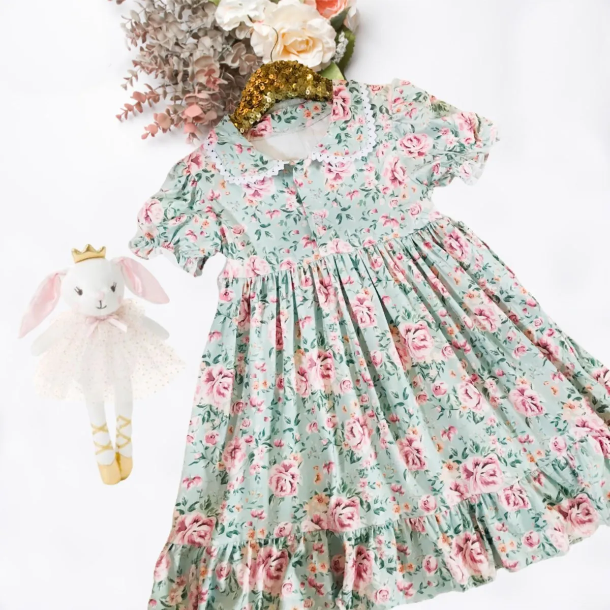 Girls Vintage Night Gowns - Green Vintage Floral - Short Sleeve