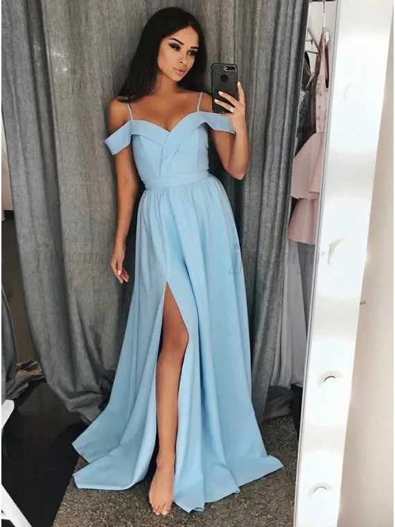 Glamorous Satin Prom Dresses A-line Spaghetti Straps Gowns With Slit PD335