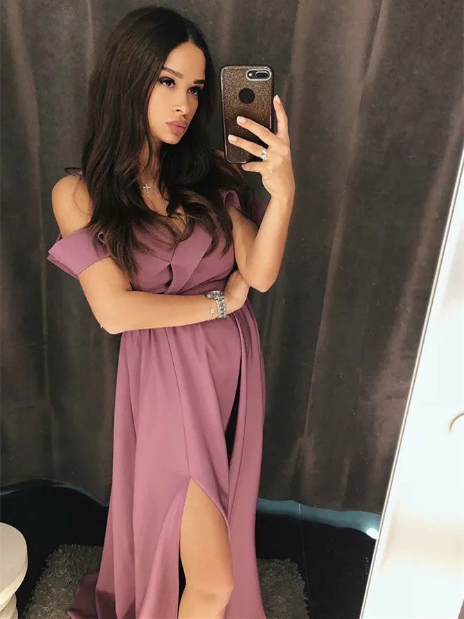 Glamorous Satin Prom Dresses A-line Spaghetti Straps Gowns With Slit PD335