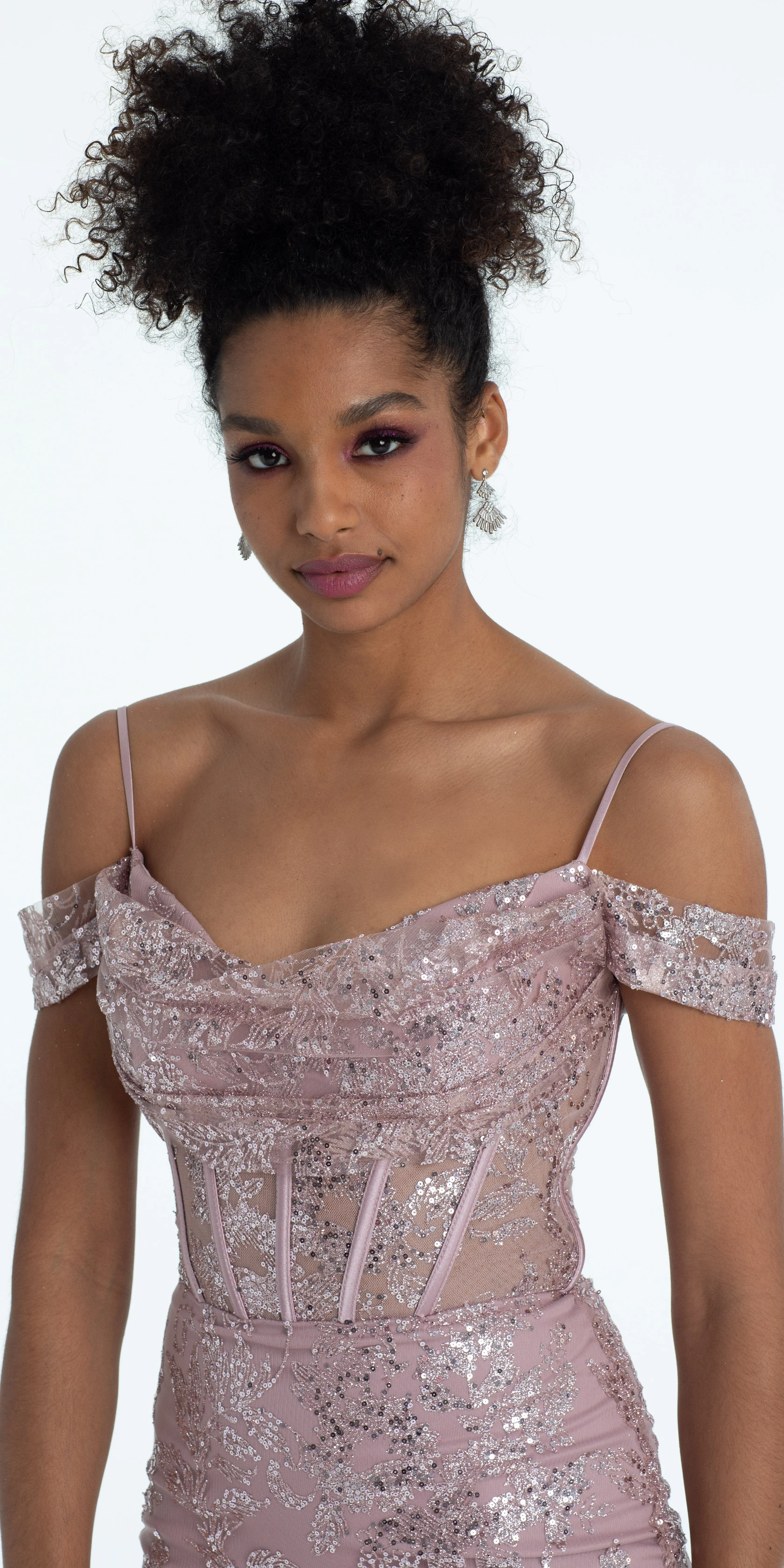 Glitter Drape Off the Shoulder Corset Mermaid Dress