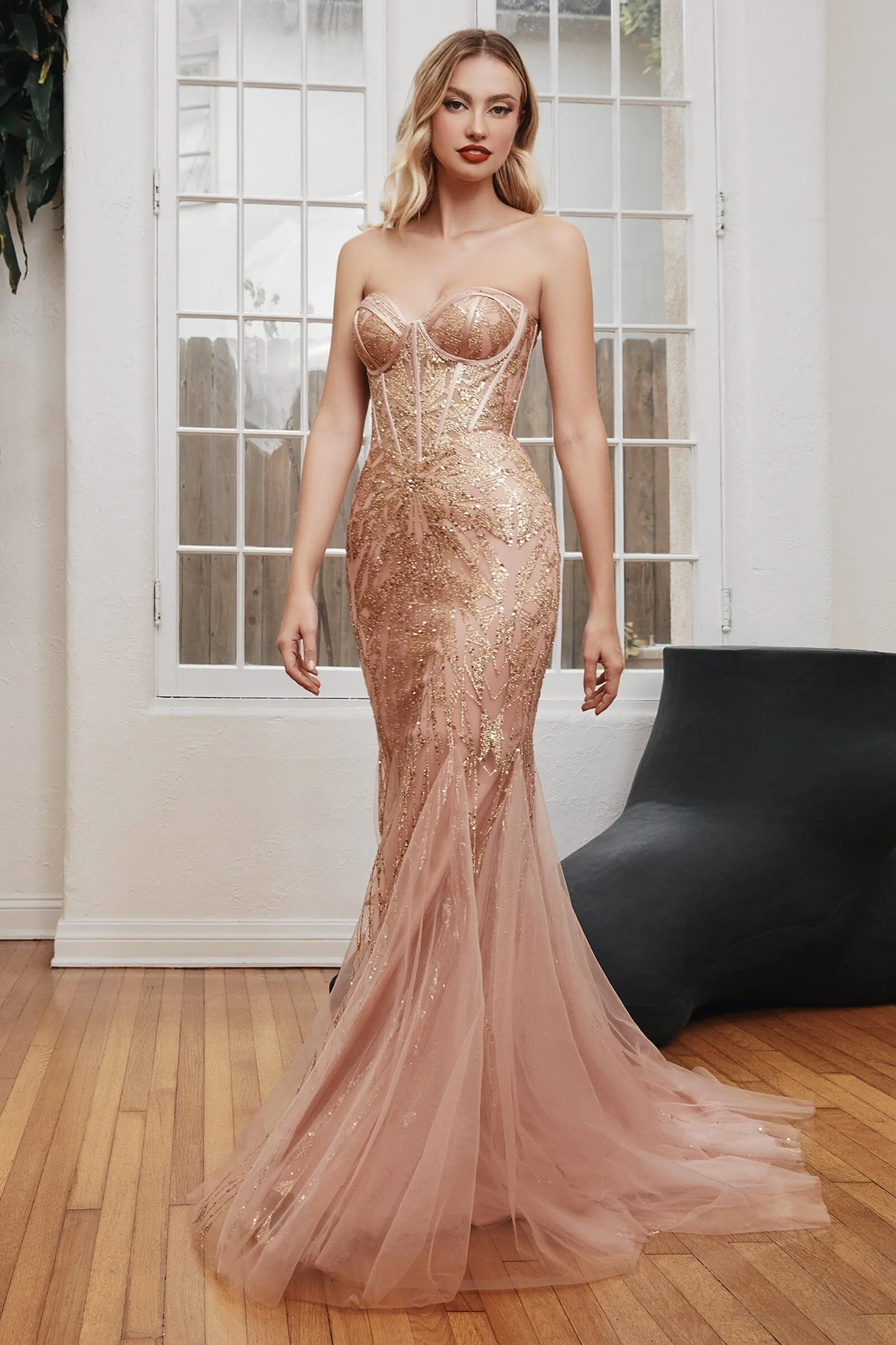 Glitter Print Strapless Mermaid Dress by Ladivine CB116