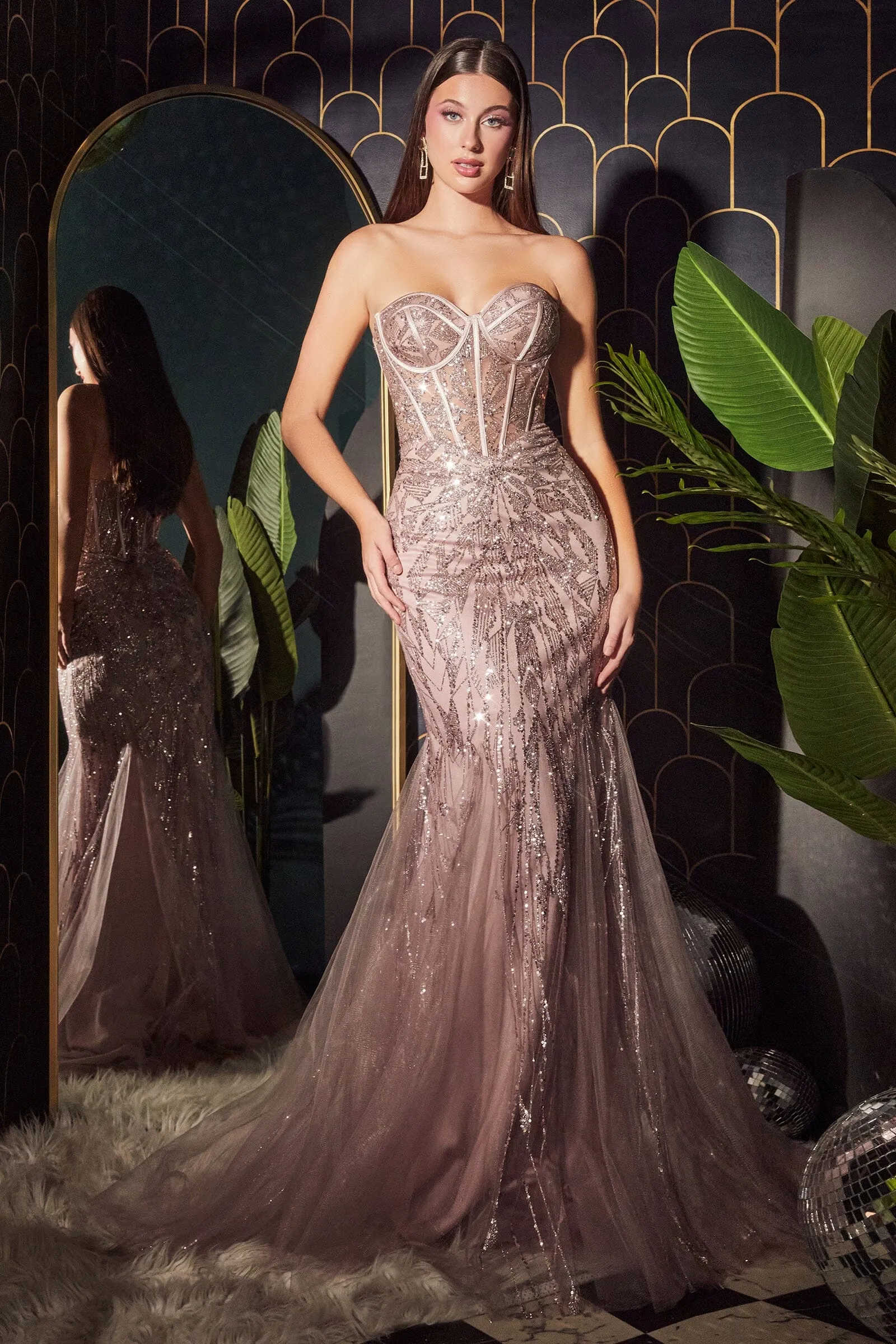 Glitter Print Strapless Mermaid Dress by Ladivine CB116