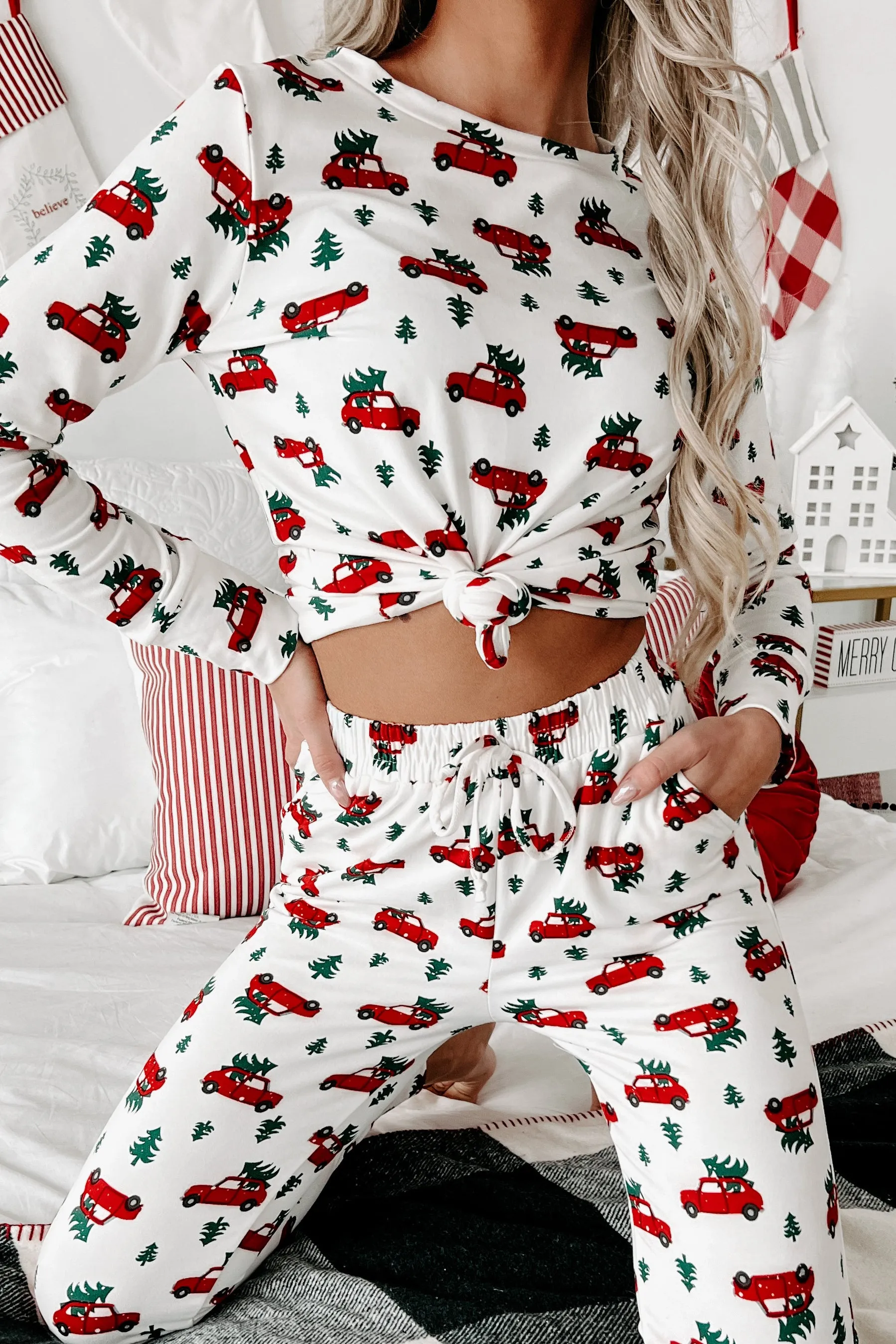 Holiday Steal- Tree Cutting Time Fleece Lined Pajama Set (White/Red Car)