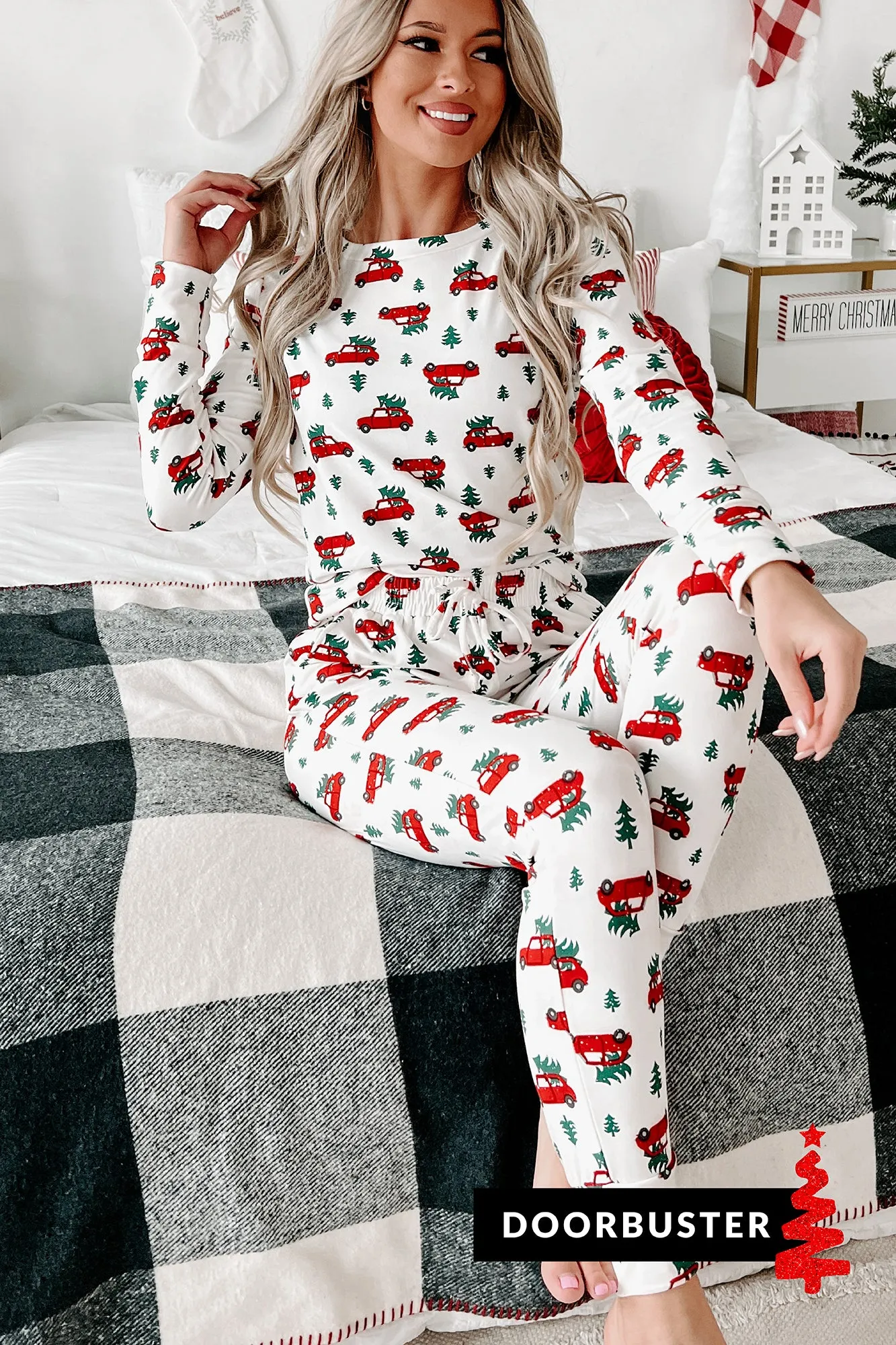 Holiday Steal- Tree Cutting Time Fleece Lined Pajama Set (White/Red Car)