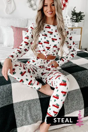 Holiday Steal- Tree Cutting Time Fleece Lined Pajama Set (White/Red Car)