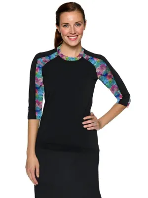 Hydrochic 3/4 Sleeve Black/Floral Accent Top