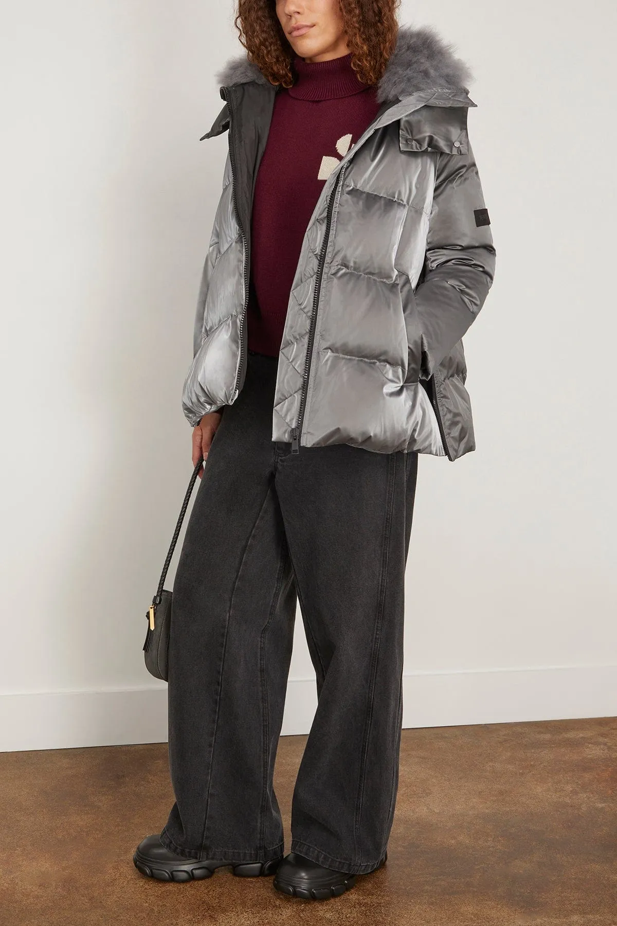 Irise Down Coat with Lamb Trim in Basalte