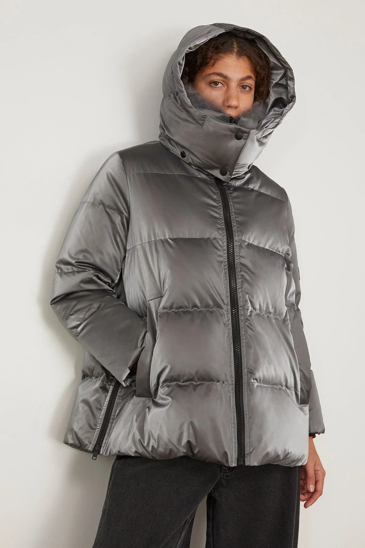 Irise Down Coat with Lamb Trim in Basalte