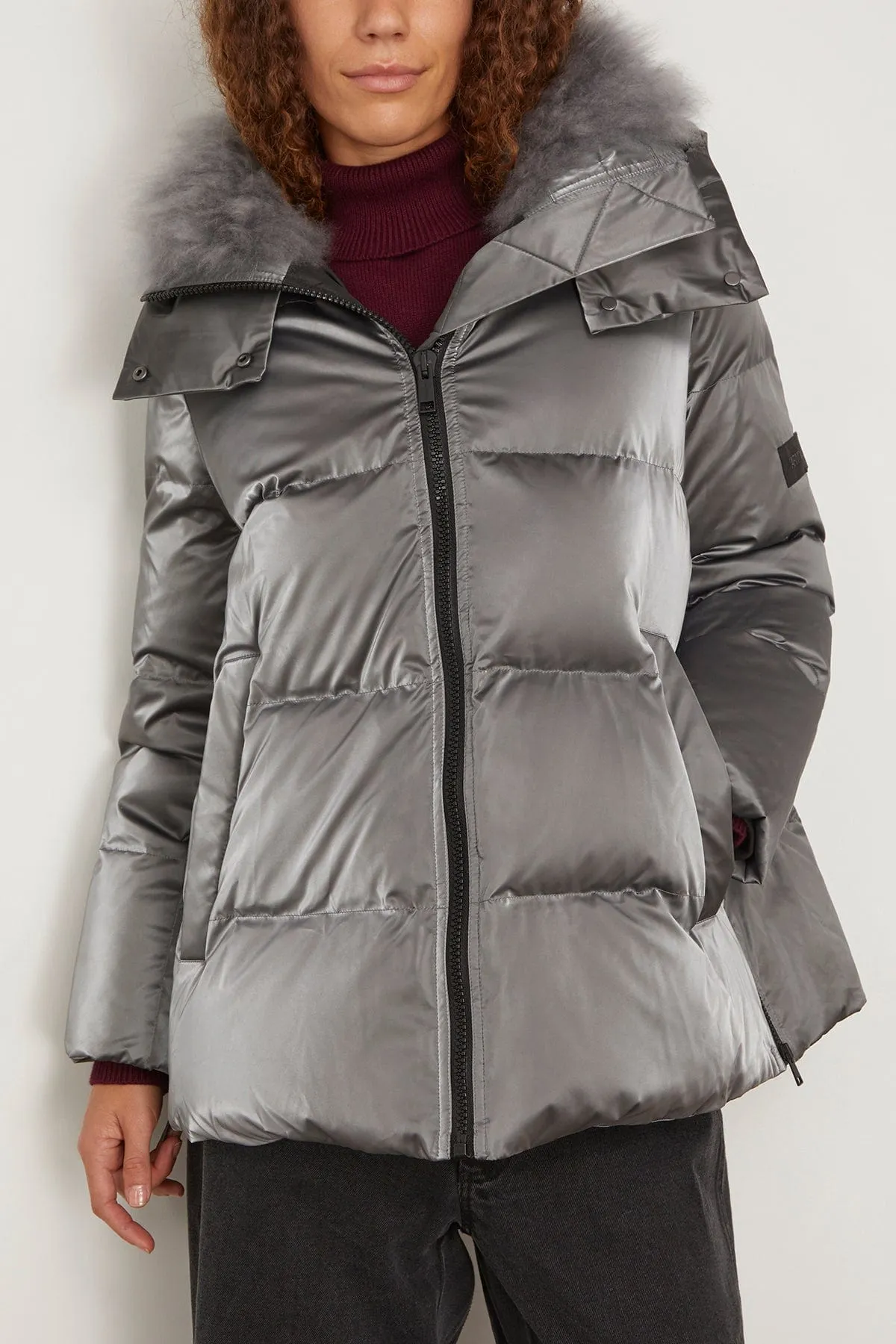 Irise Down Coat with Lamb Trim in Basalte