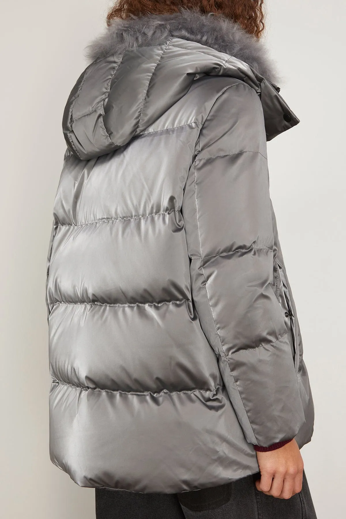 Irise Down Coat with Lamb Trim in Basalte