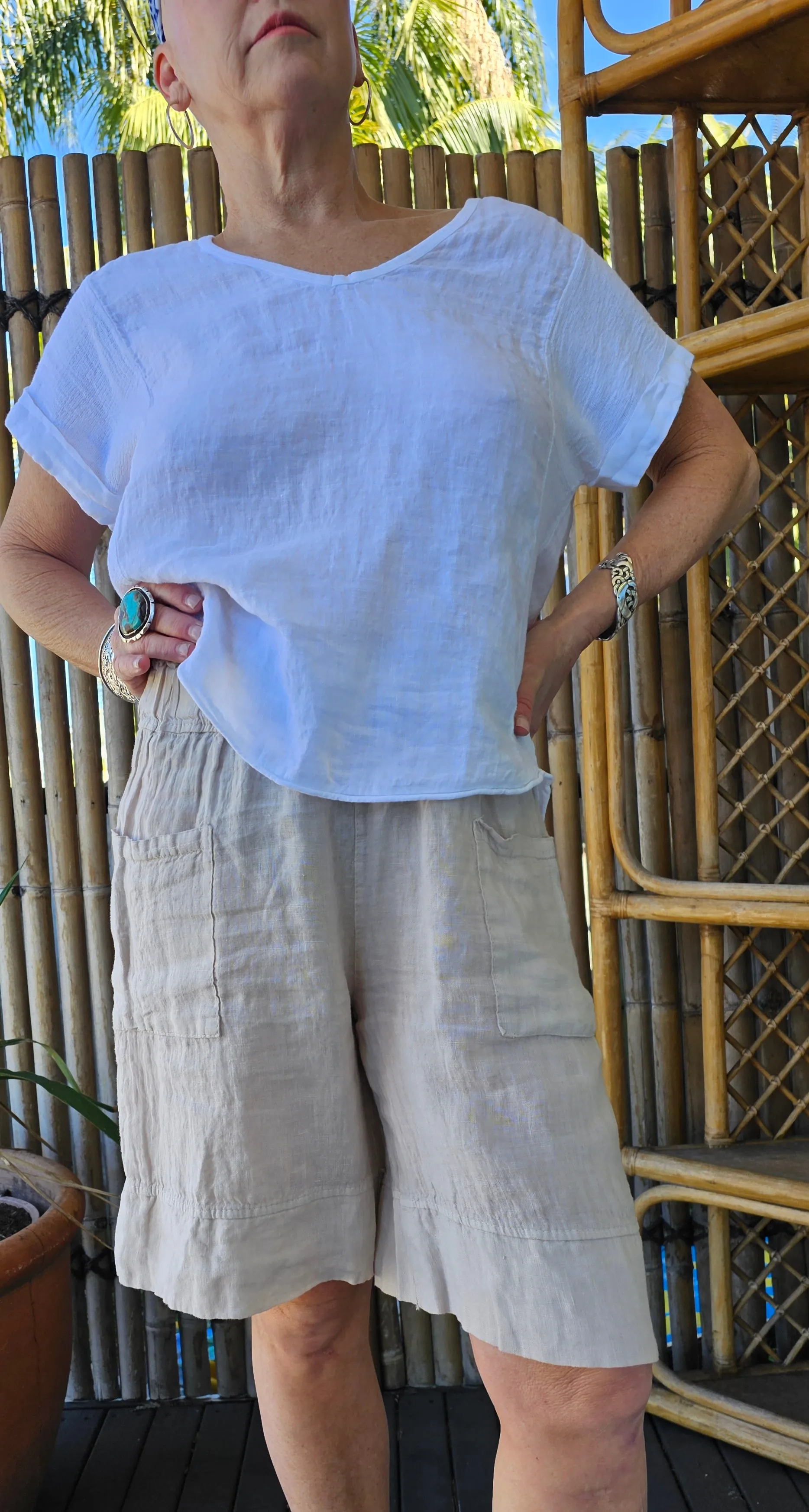 La Strada Italian Linen Long Short White & Beige