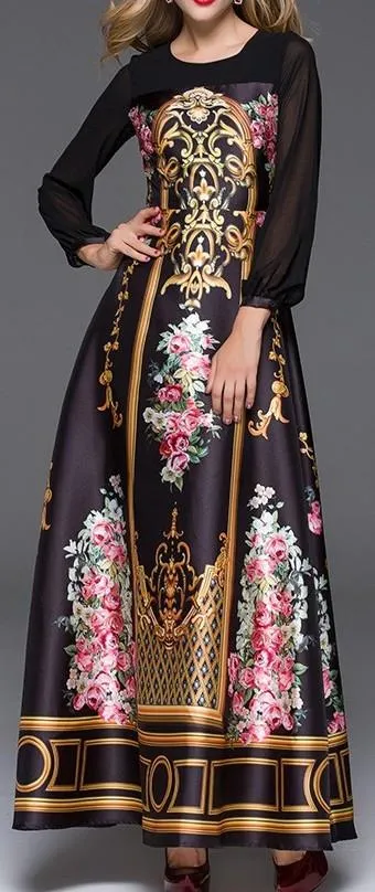 Long Print A-Line Gown - Black