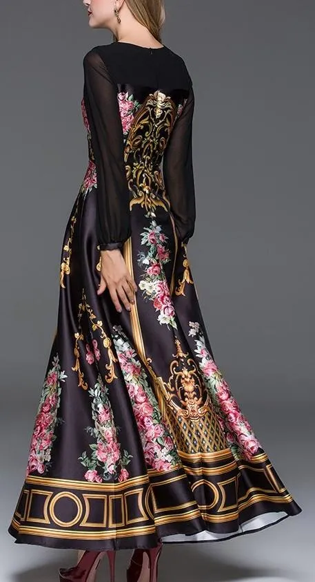 Long Print A-Line Gown - Black