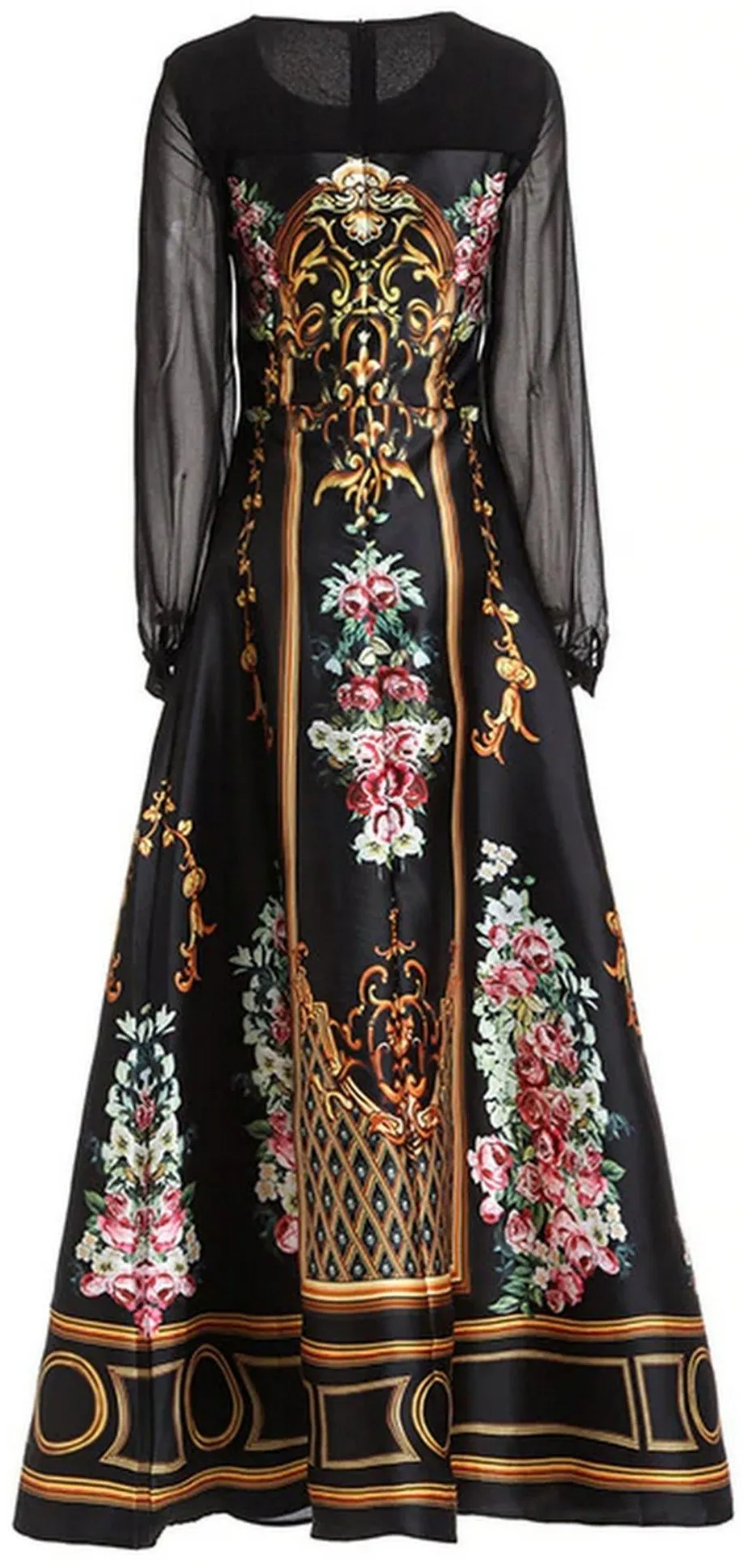 Long Print A-Line Gown - Black