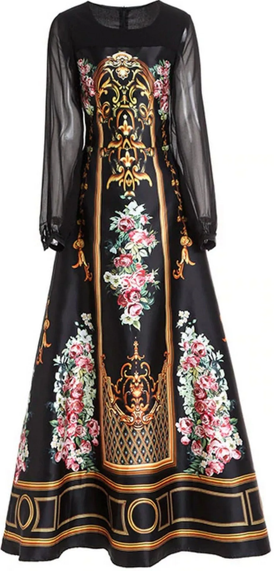 Long Print A-Line Gown - Black