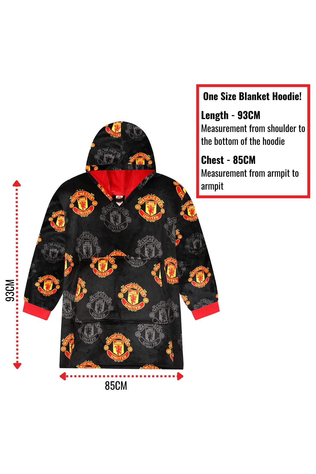 Manchester United Football Club Mens Fully Lined Luxury Fleece Oversized Hoodie Black W23
