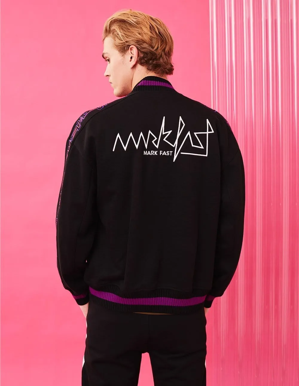 Men Embroidered MF Logo Stripe Ribbed Baseball Jacket