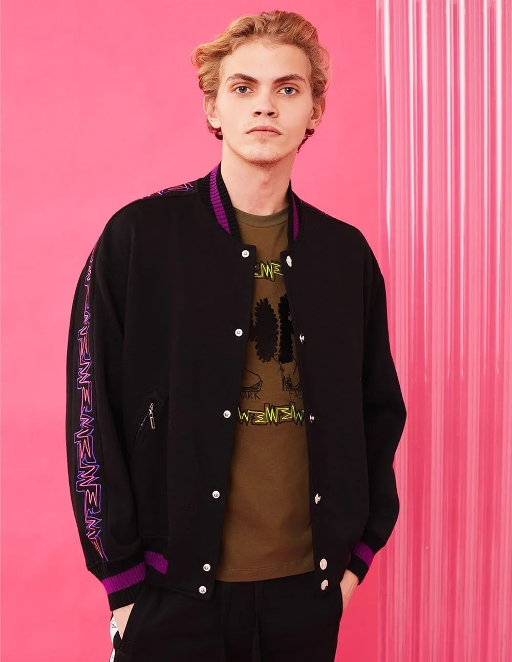 Men Embroidered MF Logo Stripe Ribbed Baseball Jacket