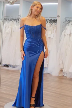 Moonlit | Emerald Satin Off-the-Shoulder Mermaid Long Formal Dress with Slit