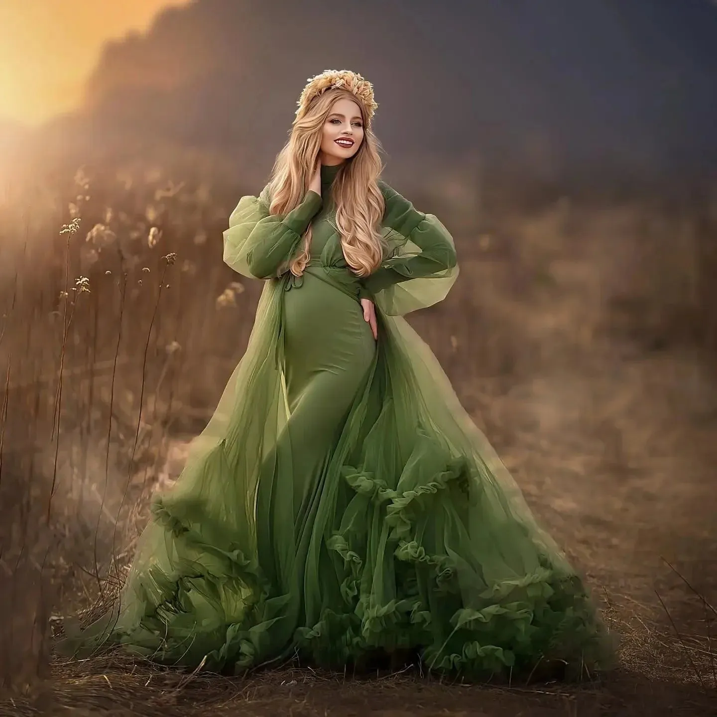 MQTIME  -  Modest Green Mermaid Maternity Dress for Photoshoot High Neck Pregnant Women Photography Dresses Long Sleeve Babyshower Gowns