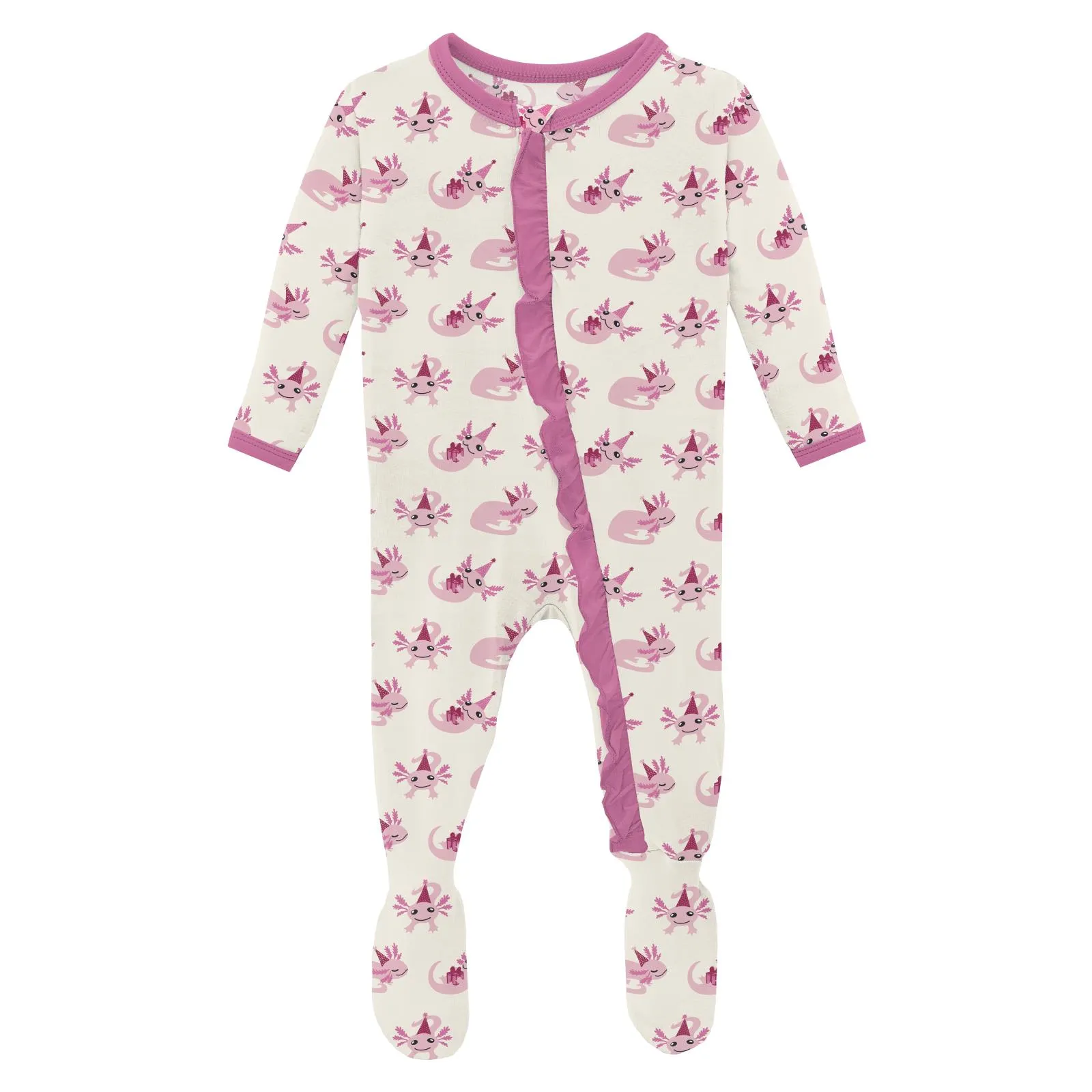 Natural Axolotl Party Classic Ruffle Footie with 2 Way Zipper - Kickee Pants