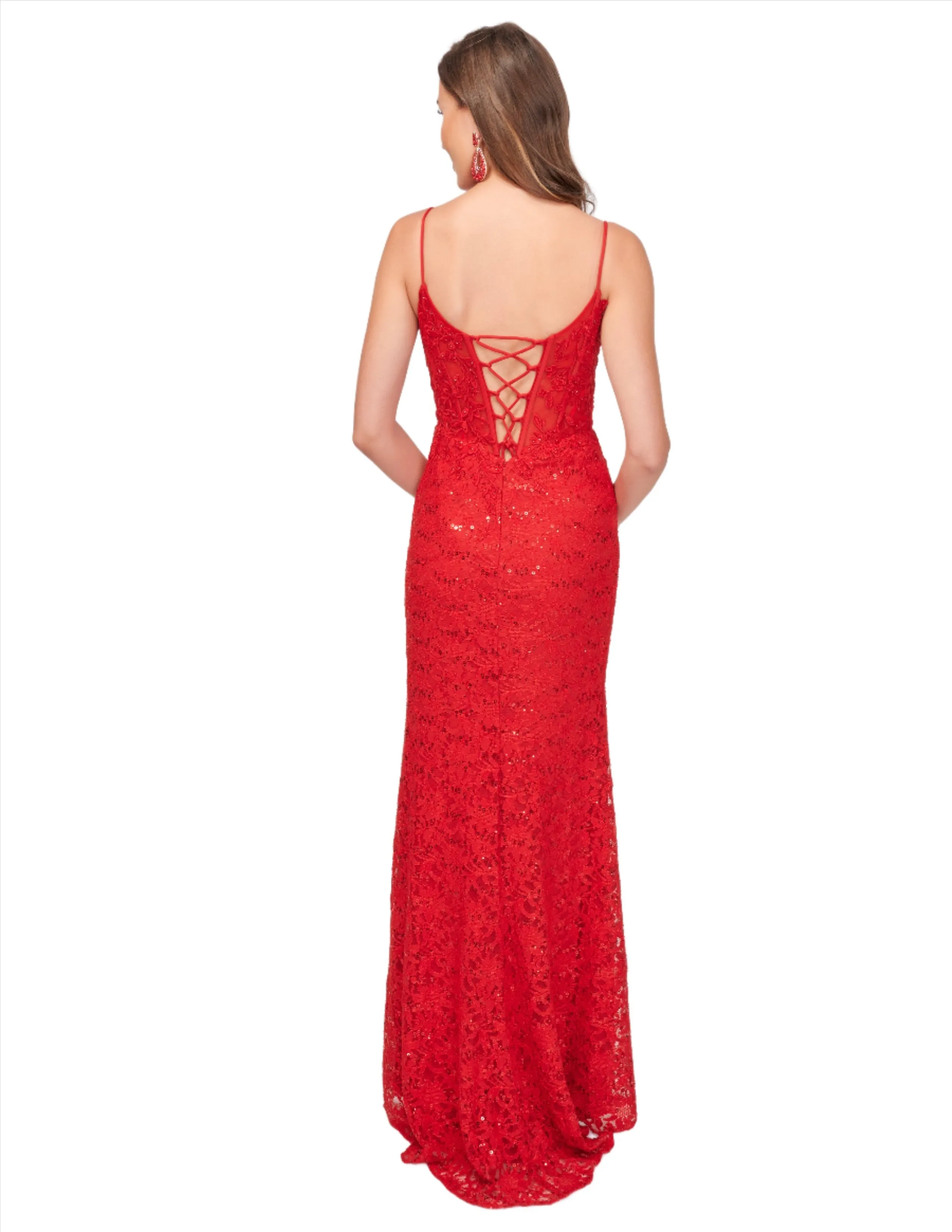 Nina Canacci 1568 Sheer Lace Corset Formal Dress Slit Prom Evening Gown Sequin Crystal V Neck