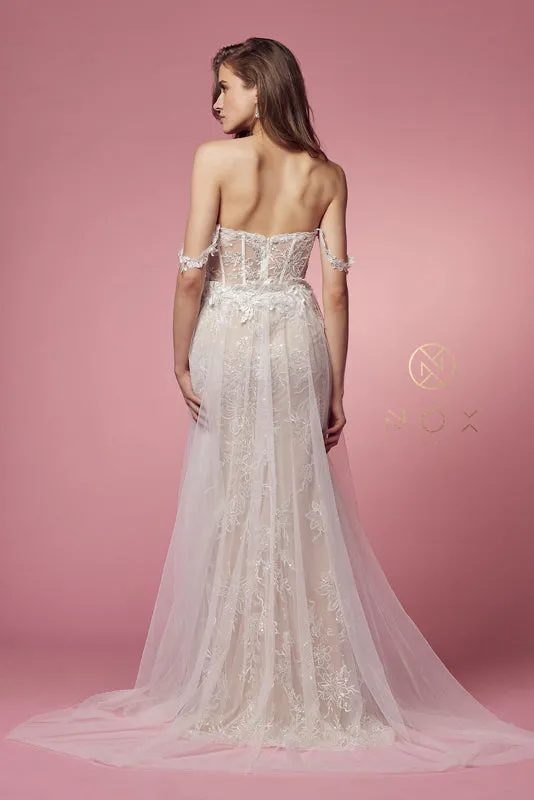 NOX ANABEL E441 Off Shoulder Appliqued High Slit Bridal Gown