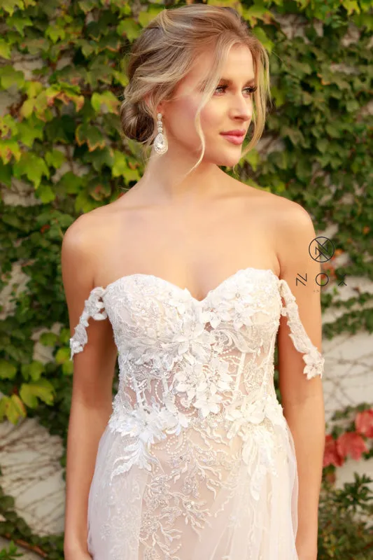 NOX ANABEL E441 Off Shoulder Appliqued High Slit Bridal Gown
