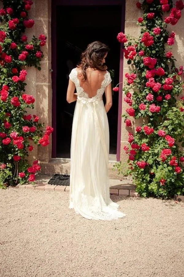 NumberSea Cap Sleeve A Line V Back Cheap Long Lace Wedding Dresses, Bridal Dress, MW139