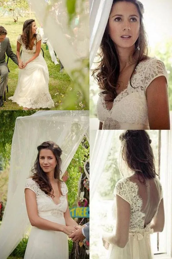 NumberSea Cap Sleeve A Line V Back Cheap Long Lace Wedding Dresses, Bridal Dress, MW139