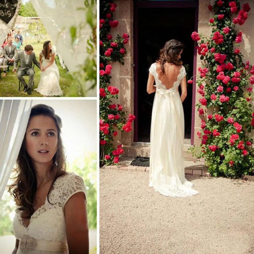 NumberSea Cap Sleeve A Line V Back Cheap Long Lace Wedding Dresses, Bridal Dress, MW139