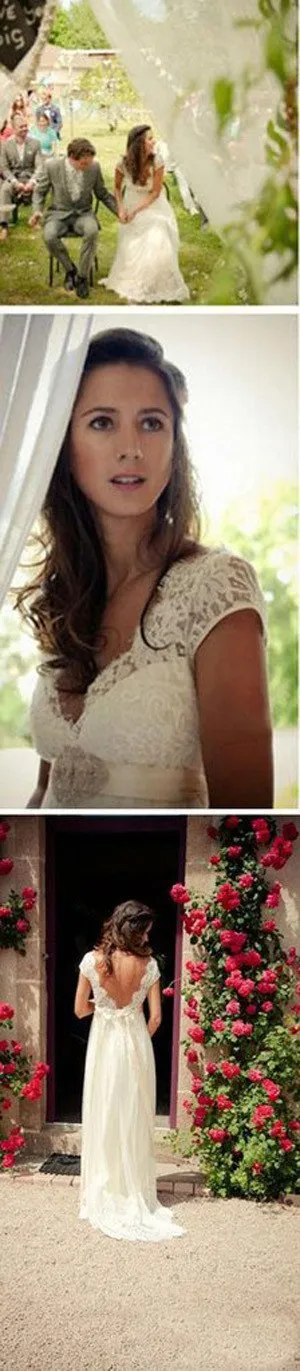 NumberSea Cap Sleeve A Line V Back Cheap Long Lace Wedding Dresses, Bridal Dress, MW139