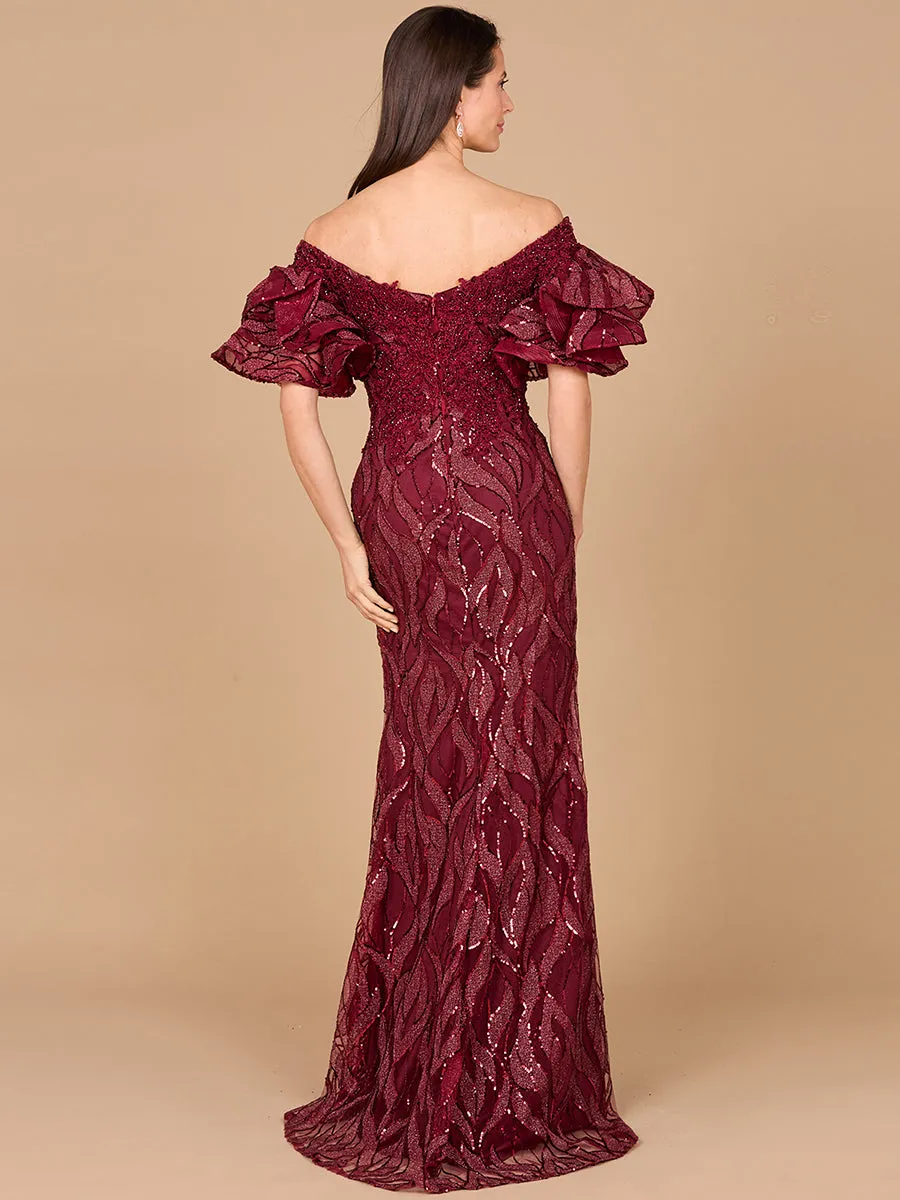 Off Shoulder Mermaid Beaded Gown with Tiered Sleeves