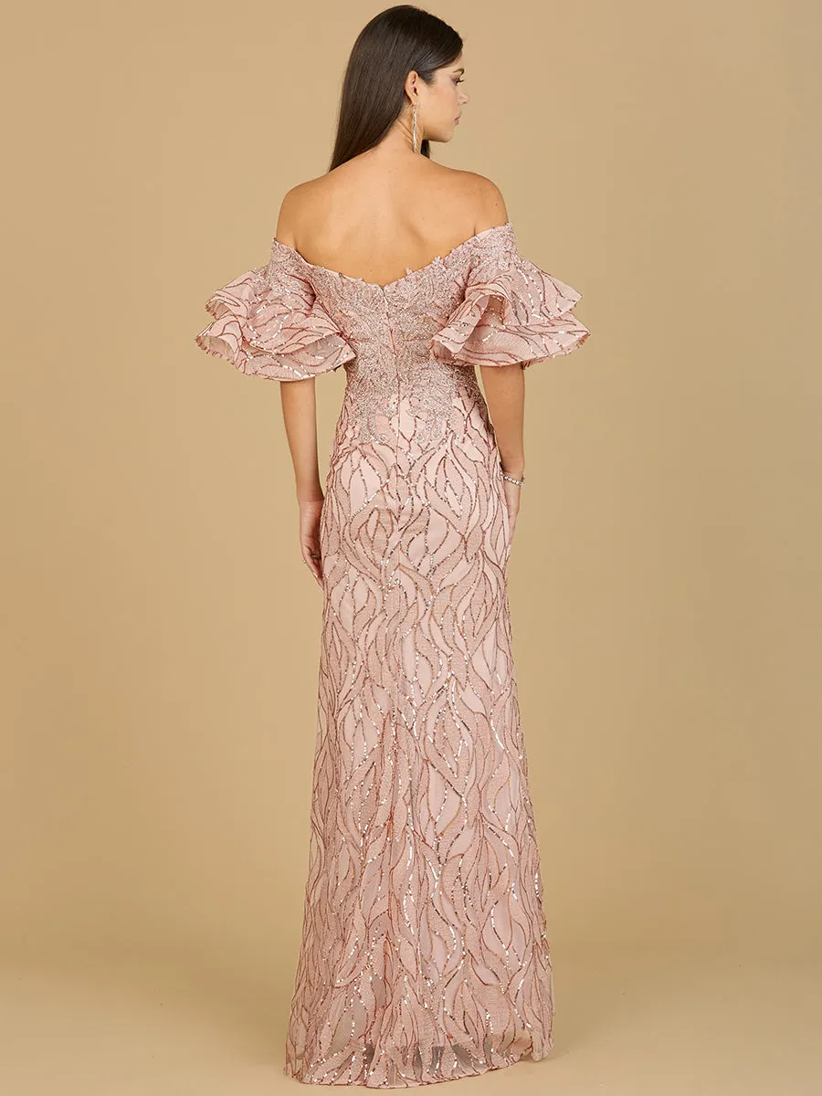 Off Shoulder Mermaid Beaded Gown with Tiered Sleeves