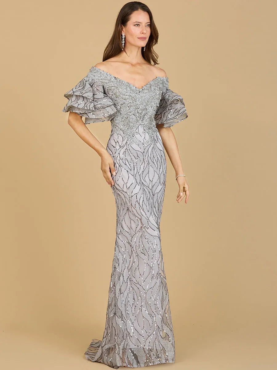 Off Shoulder Mermaid Beaded Gown with Tiered Sleeves