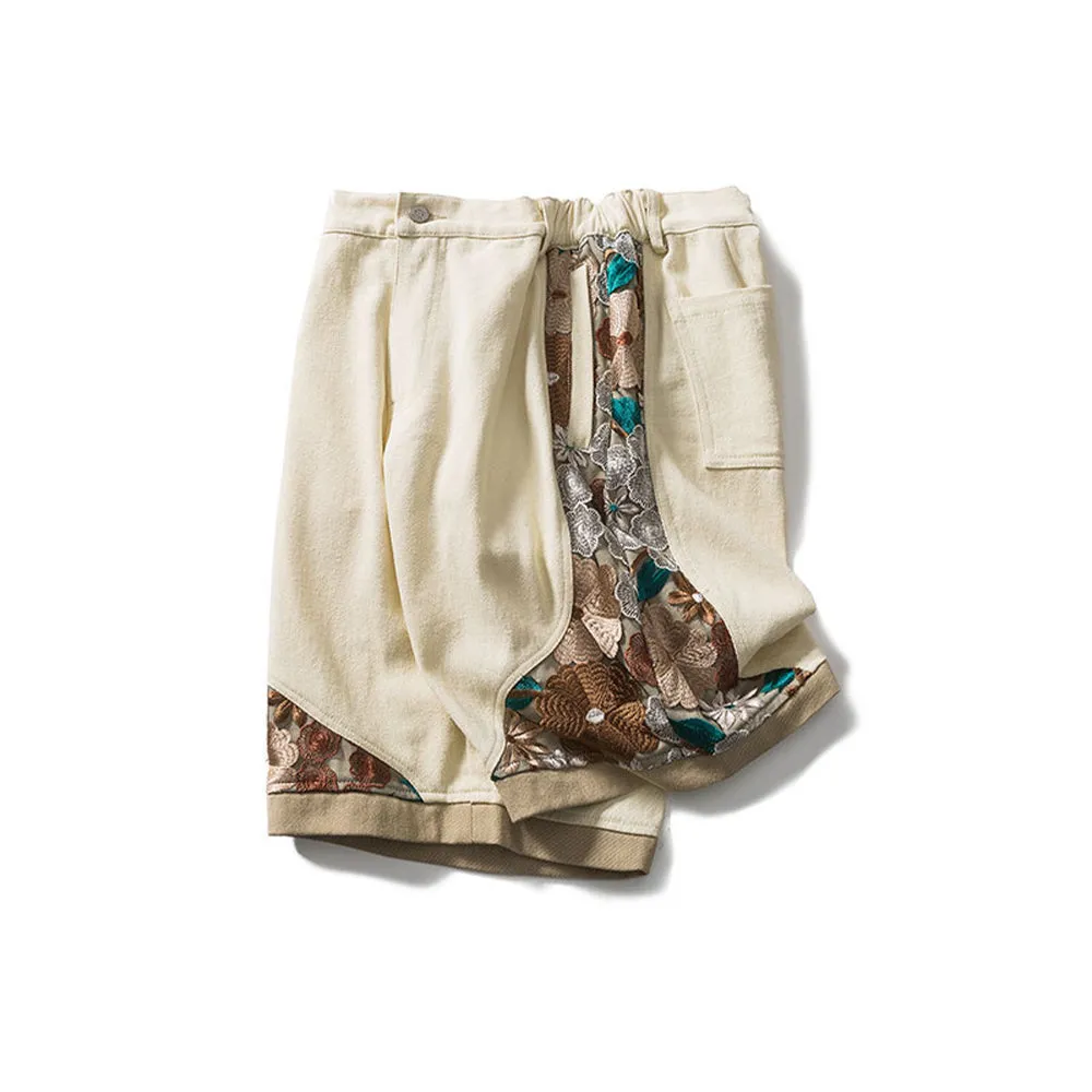 PANELED EMBROIDERED KNEE SHORTS