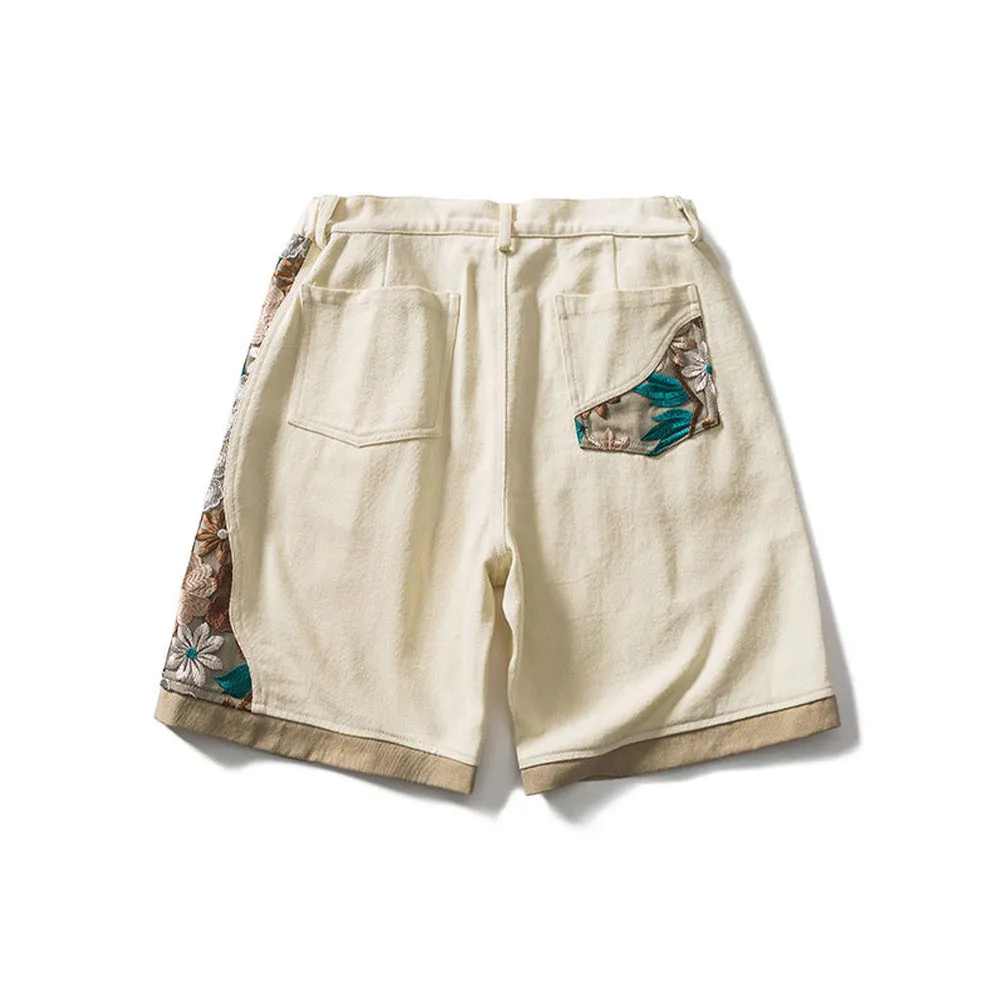 PANELED EMBROIDERED KNEE SHORTS