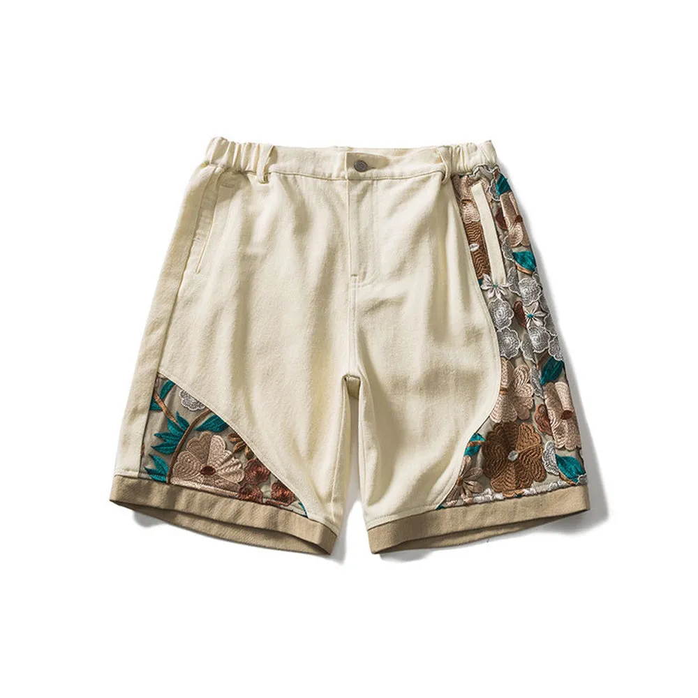 PANELED EMBROIDERED KNEE SHORTS