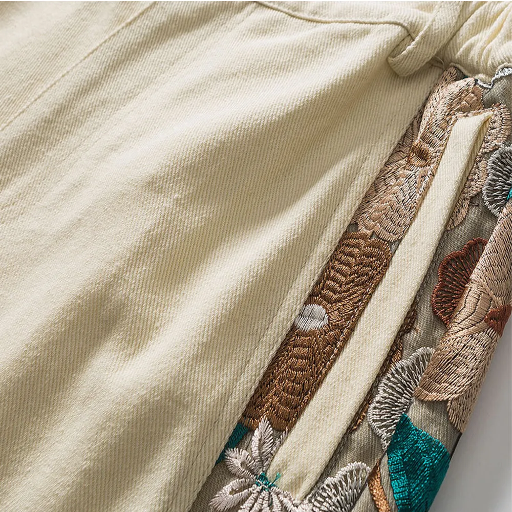 PANELED EMBROIDERED KNEE SHORTS