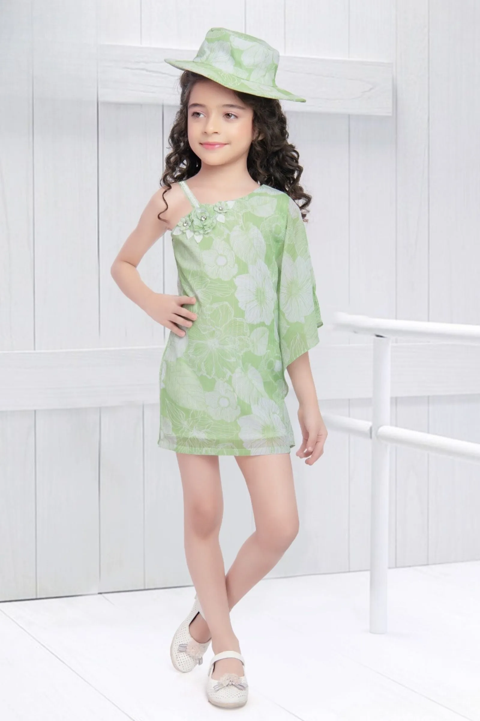 Pista Green Floral Print Western Short Frock For Girls