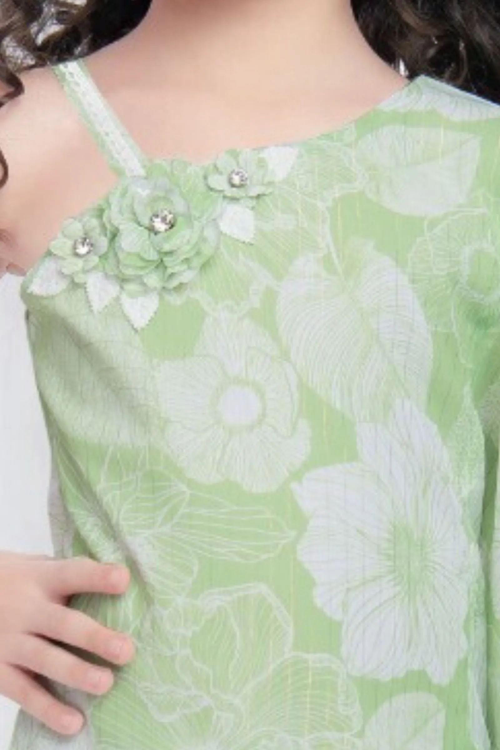 Pista Green Floral Print Western Short Frock For Girls