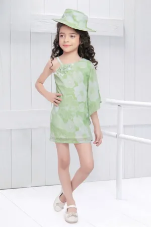 Pista Green Floral Print Western Short Frock For Girls