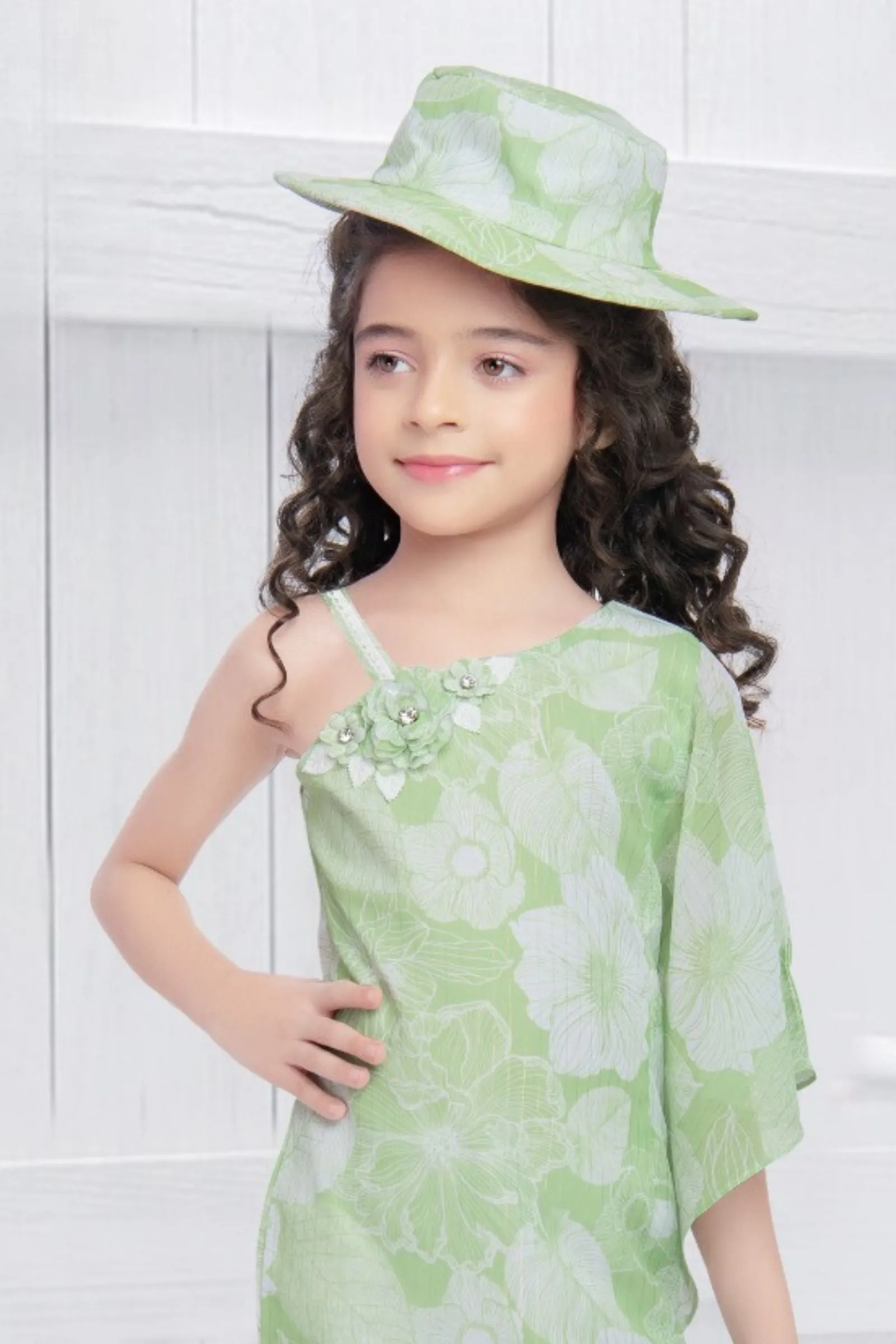 Pista Green Floral Print Western Short Frock For Girls