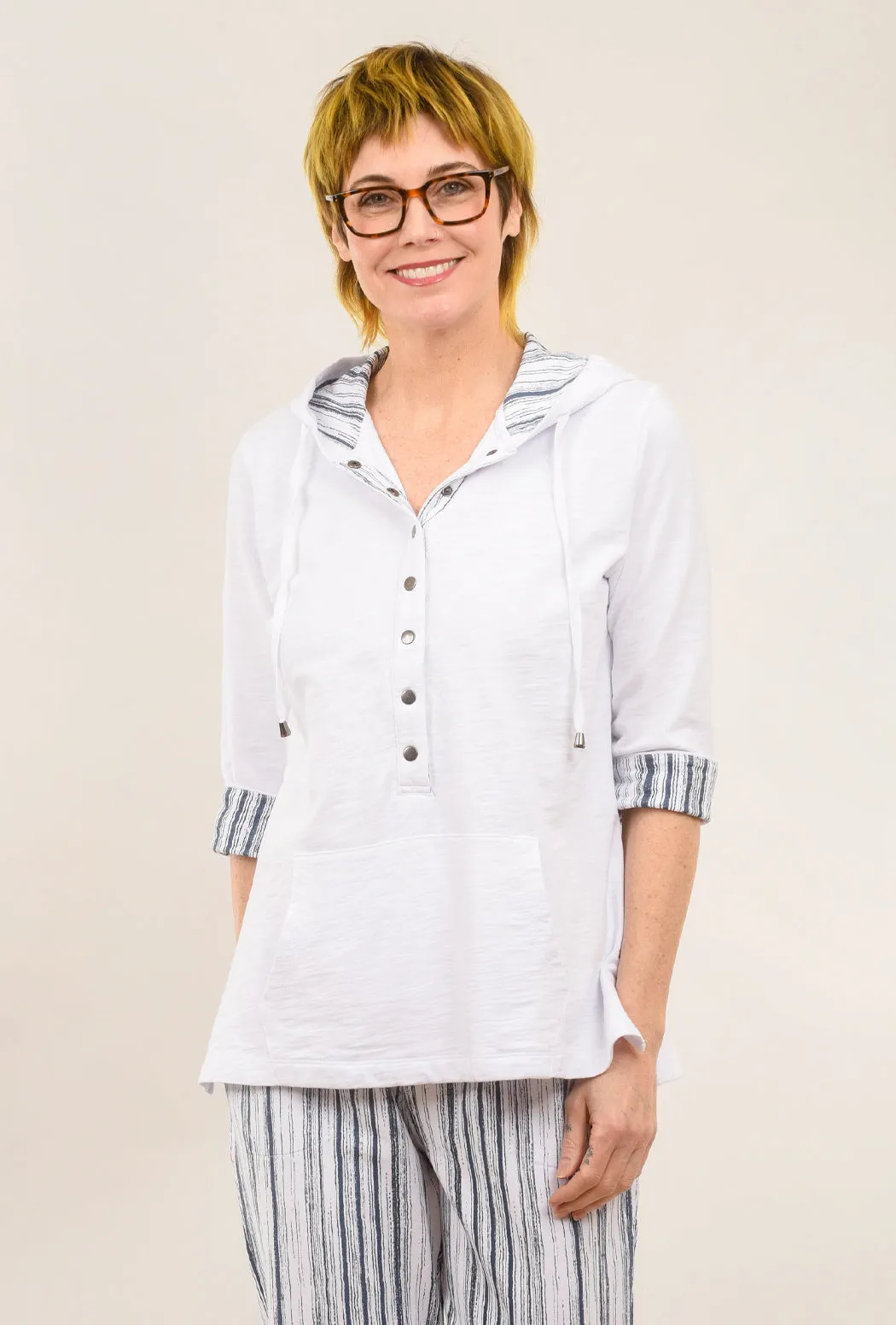 Placket Striped Hoodie, White