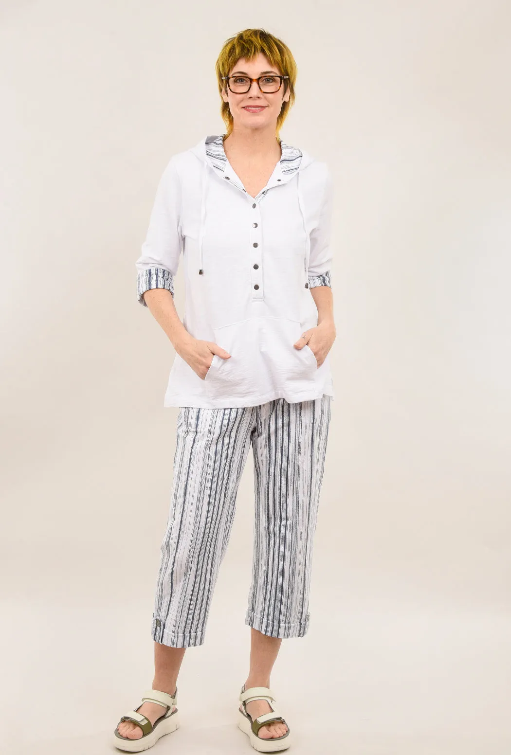 Placket Striped Hoodie, White