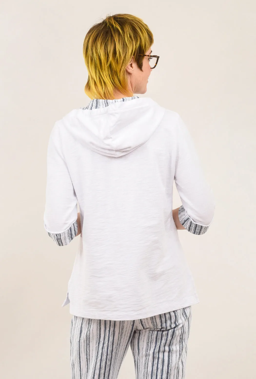 Placket Striped Hoodie, White