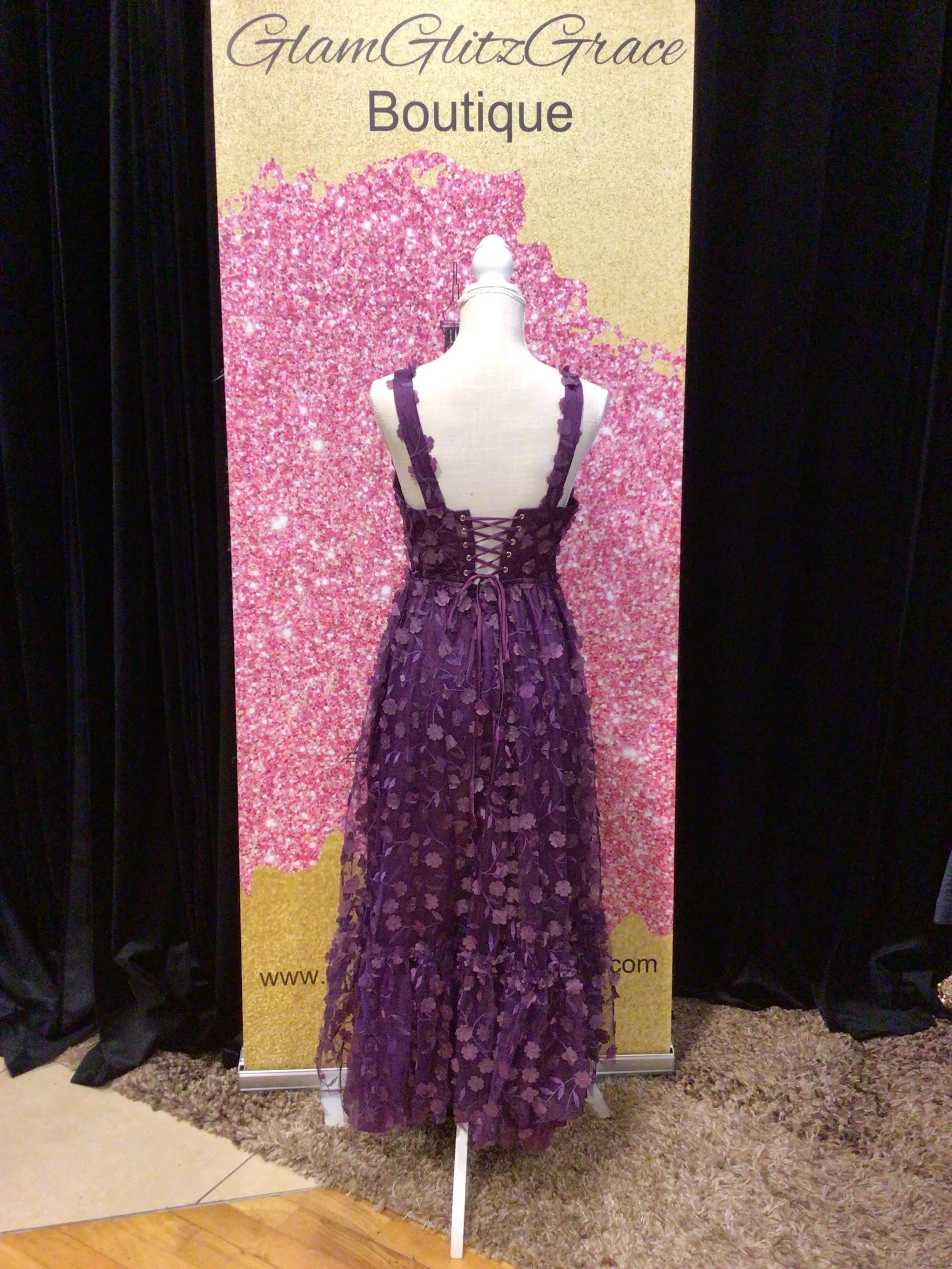 Purple V-Cut Corset 3D Flower Dress