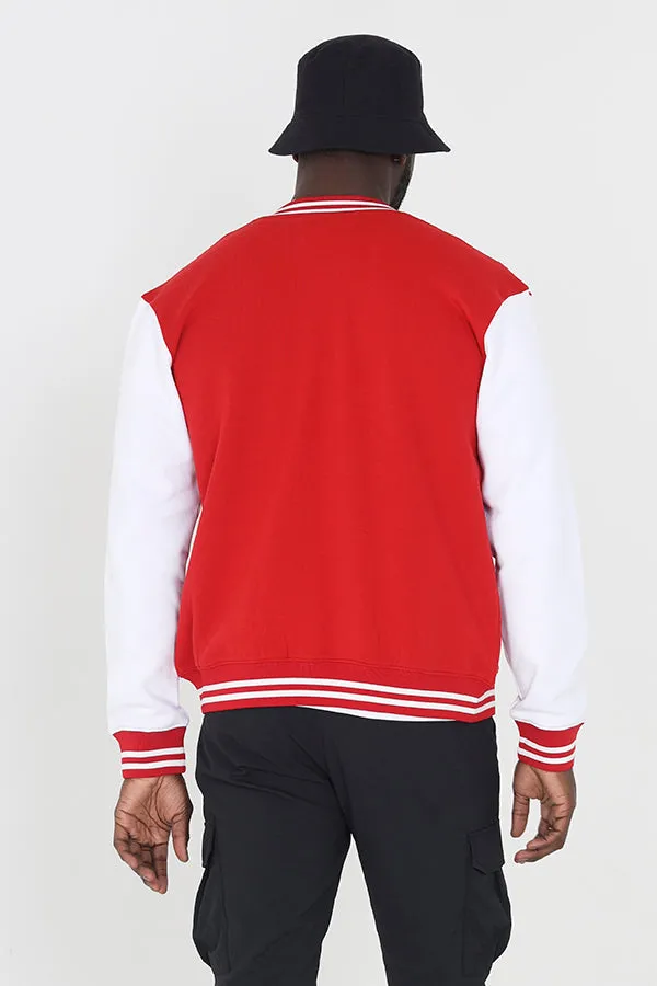 RED RIBBED TRIM POPPER FASTENED VARSITY JACKET